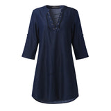 Womens Oversized Lace-Up V Neck Denim Blue