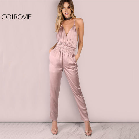 Dusty Pink Satin Slip Jumpsuit Sexy Cross Low Back
