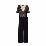 Black Surplice Wrap Lace Patchwork Jumpsuits