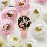 Women Bracelet Watch Fashion Rose Gold Flowers Leather Simple