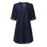 Womens Oversized Lace-Up V Neck Denim Blue