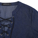 Womens Oversized Lace-Up V Neck Denim Blue