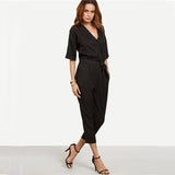 Solid Surplice Front Self Tie Jumpsuits