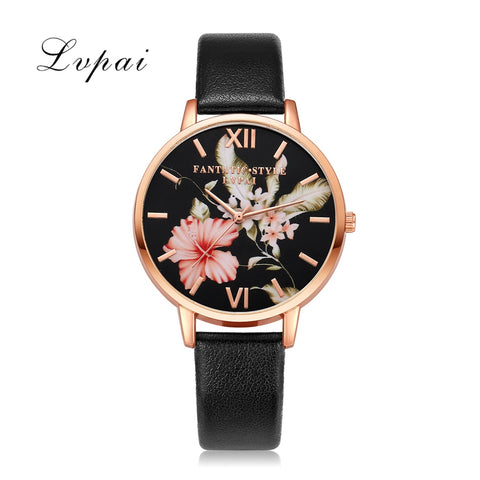 Women Bracelet Watch Fashion Rose Gold Flowers Leather Simple