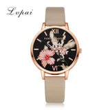 Women Bracelet Watch Fashion Rose Gold Flowers Leather Simple