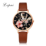 Women Bracelet Watch Fashion Rose Gold Flowers Leather Simple