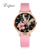 Women Bracelet Watch Fashion Rose Gold Flowers Leather Simple