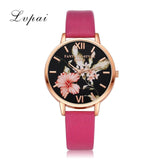 Women Bracelet Watch Fashion Rose Gold Flowers Leather Simple