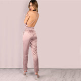 Dusty Pink Satin Slip Jumpsuit Sexy Cross Low Back