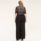 Black Surplice Wrap Lace Patchwork Jumpsuits