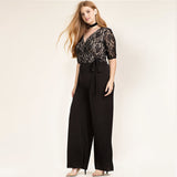 Black Surplice Wrap Lace Patchwork Jumpsuits