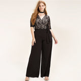 Black Surplice Wrap Lace Patchwork Jumpsuits