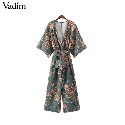 Vintage floral V neck jumpsuits