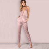 Dusty Pink Satin Slip Jumpsuit Sexy Cross Low Back