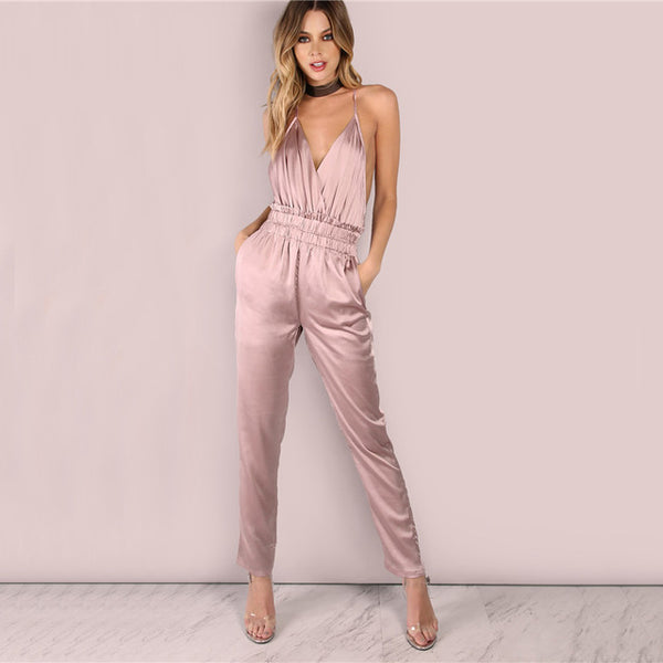 Dusty Pink Satin Slip Jumpsuit Sexy Cross Low Back