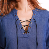 Womens Oversized Lace-Up V Neck Denim Blue