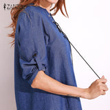 Womens Oversized Lace-Up V Neck Denim Blue