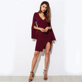 Burgundy Party Dress Deep V Neck Split Form Long Sleeve