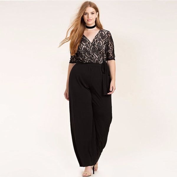 Black Surplice Wrap Lace Patchwork Jumpsuits