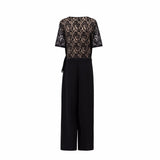 Black Surplice Wrap Lace Patchwork Jumpsuits