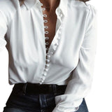 Women Casual Solid Long Sleeve Blouse Lapel Shirt