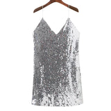 Deep V Neck Autumn Silver Sequined Backless Sexy Dress
