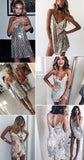 Deep V Neck Autumn Silver Sequined Backless Sexy Dress