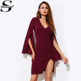 Burgundy Party Dress Deep V Neck Split Form Long Sleeve