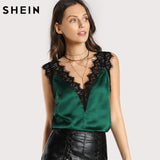 Lace Trim Double V Neck Satin Silk Top Sexy