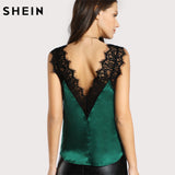 Lace Trim Double V Neck Satin Silk Top Sexy