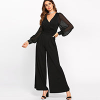 SHEIN Black Sexy Jumpsuits for Women Sheer Bishop Sleeve With Bleading Surplice Wrap Palazzo Mid Waist Jumpsuit