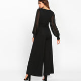 SHEIN Black Sexy Jumpsuits for Women Sheer Bishop Sleeve With Bleading Surplice Wrap Palazzo Mid Waist Jumpsuit