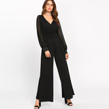 SHEIN Black Sexy Jumpsuits for Women Sheer Bishop Sleeve With Bleading Surplice Wrap Palazzo Mid Waist Jumpsuit