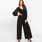 SHEIN Black Sexy Jumpsuits for Women Sheer Bishop Sleeve With Bleading Surplice Wrap Palazzo Mid Waist Jumpsuit