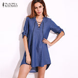 Womens Oversized Lace-Up V Neck Denim Blue