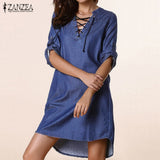 Womens Oversized Lace-Up V Neck Denim Blue