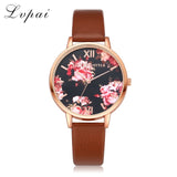 Women Bracelet Watch Fashion Rose Gold Flowers Leather Simple